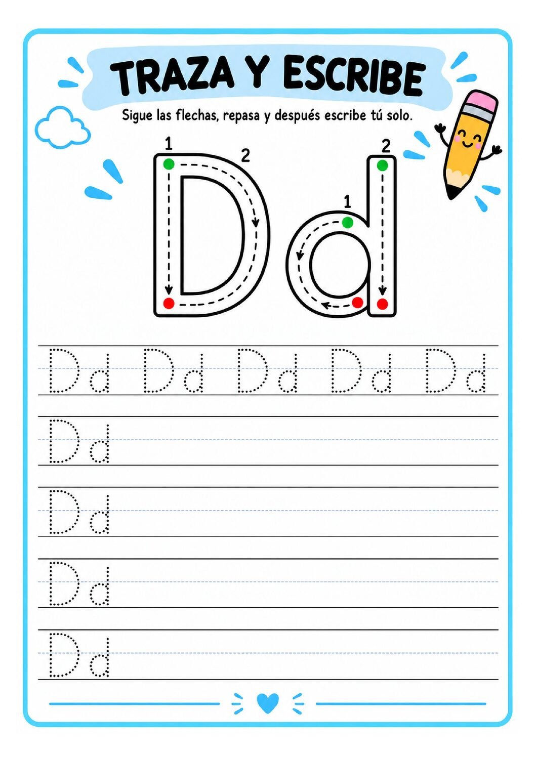 Letra D imprenta para imprimir gratis: práctica de escritura con dinosaurio