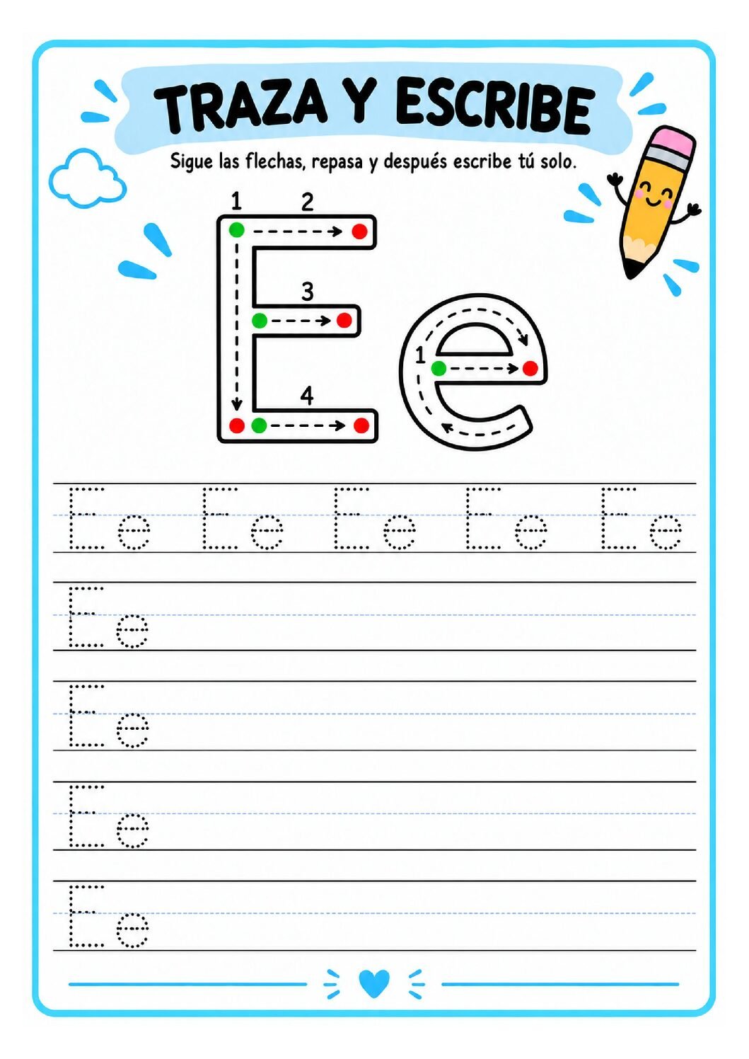Letra E imprenta para imprimir gratis: práctica de trazos con elefante