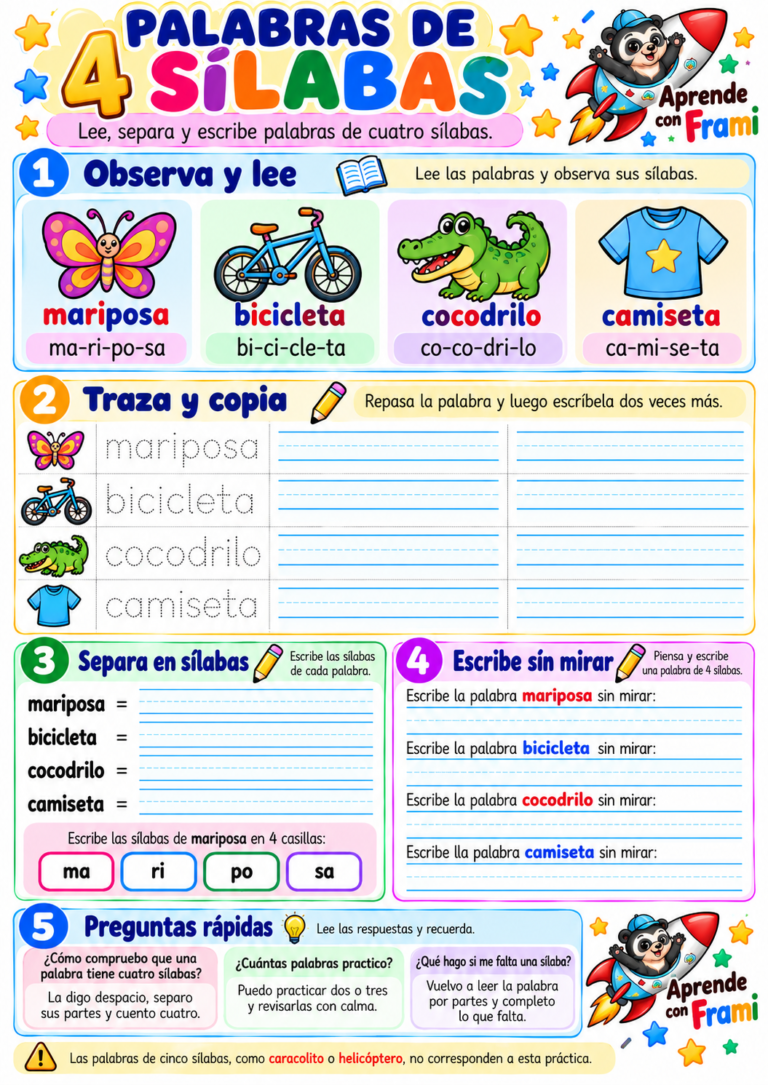 Palabras de 4 sílabas para imprimir: ejercicios de escritura y caligrafía