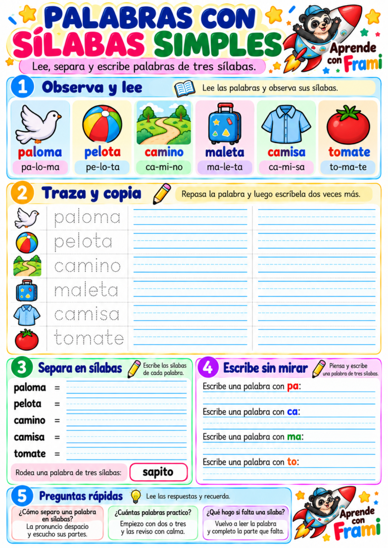 Palabras con sílabas simples para imprimir: lectura y escritura con paloma
