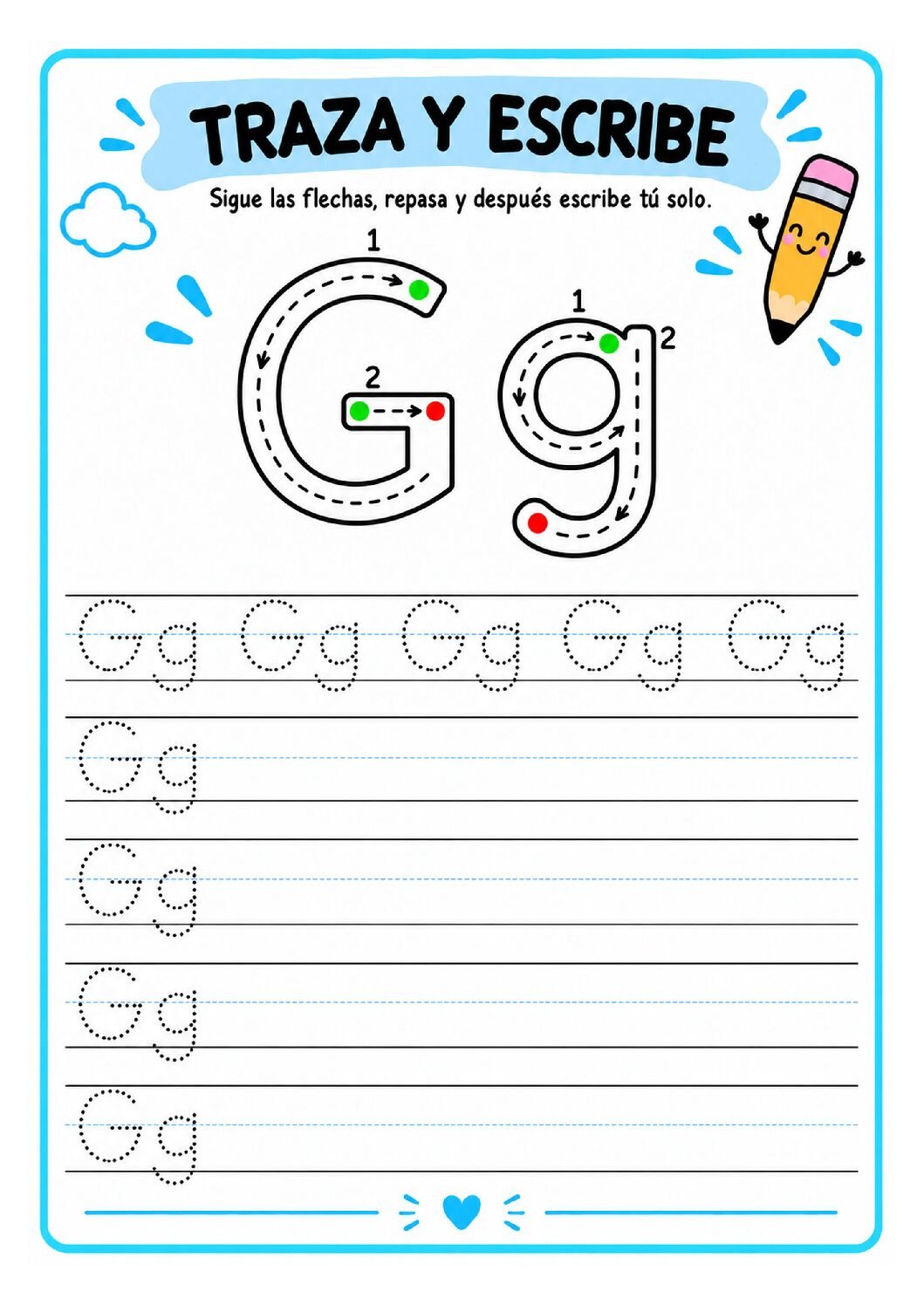 Letra G imprenta para imprimir gratis: práctica de escritura con gato