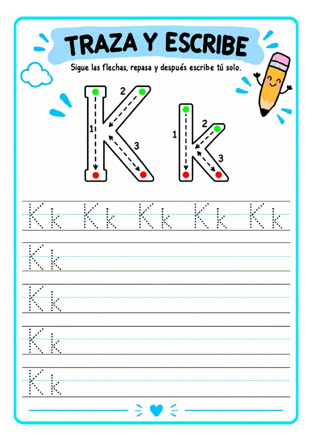 Letra K imprenta para imprimir gratis: practica el trazo con kiwi