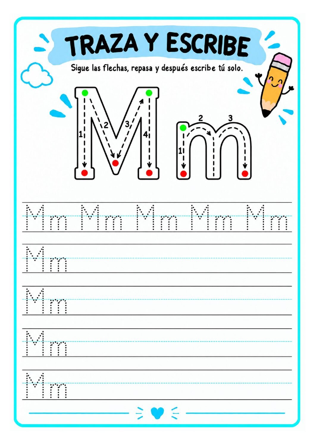 Letra M imprenta para imprimir gratis: práctica de trazos con mariposa