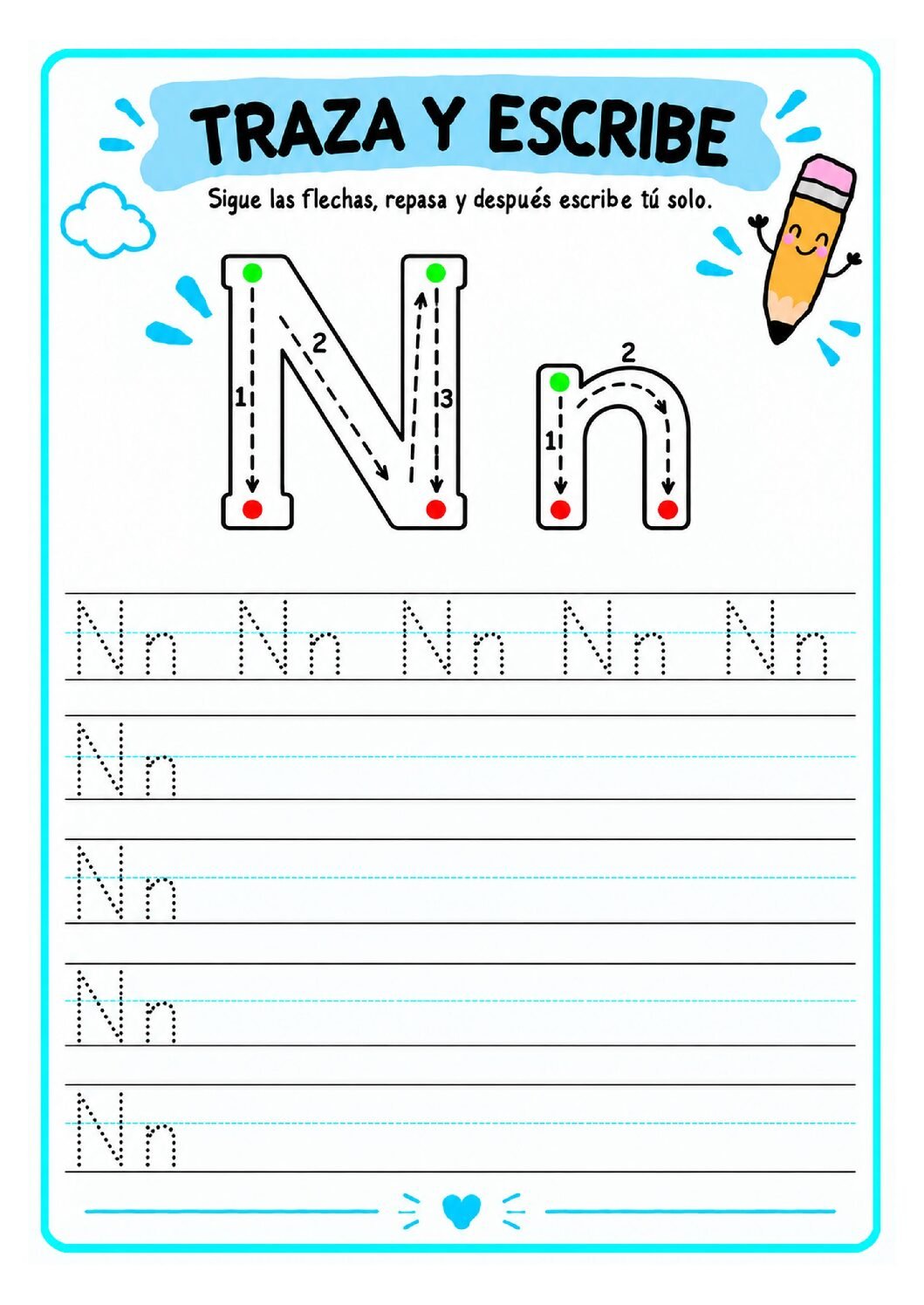 Letra N imprenta para imprimir gratis: práctica de trazos con nube