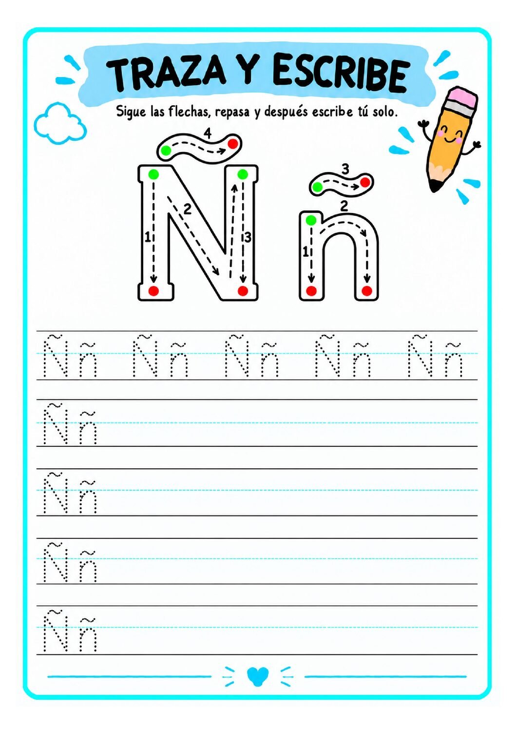 Letra Ñ imprenta para imprimir gratis: práctica de trazos con ñandú