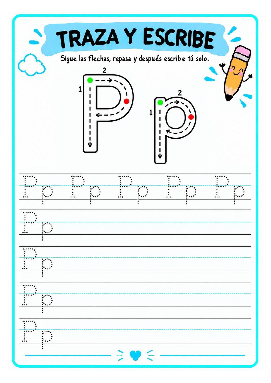Letra P imprenta para imprimir gratis: práctica de trazos con pingüino