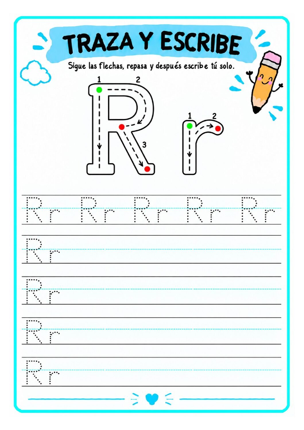 Letra R imprenta para imprimir gratis: práctica de trazos con rana