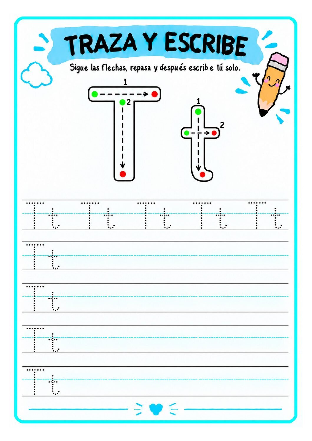 Letra T imprenta para imprimir gratis: práctica de escritura con tortuga