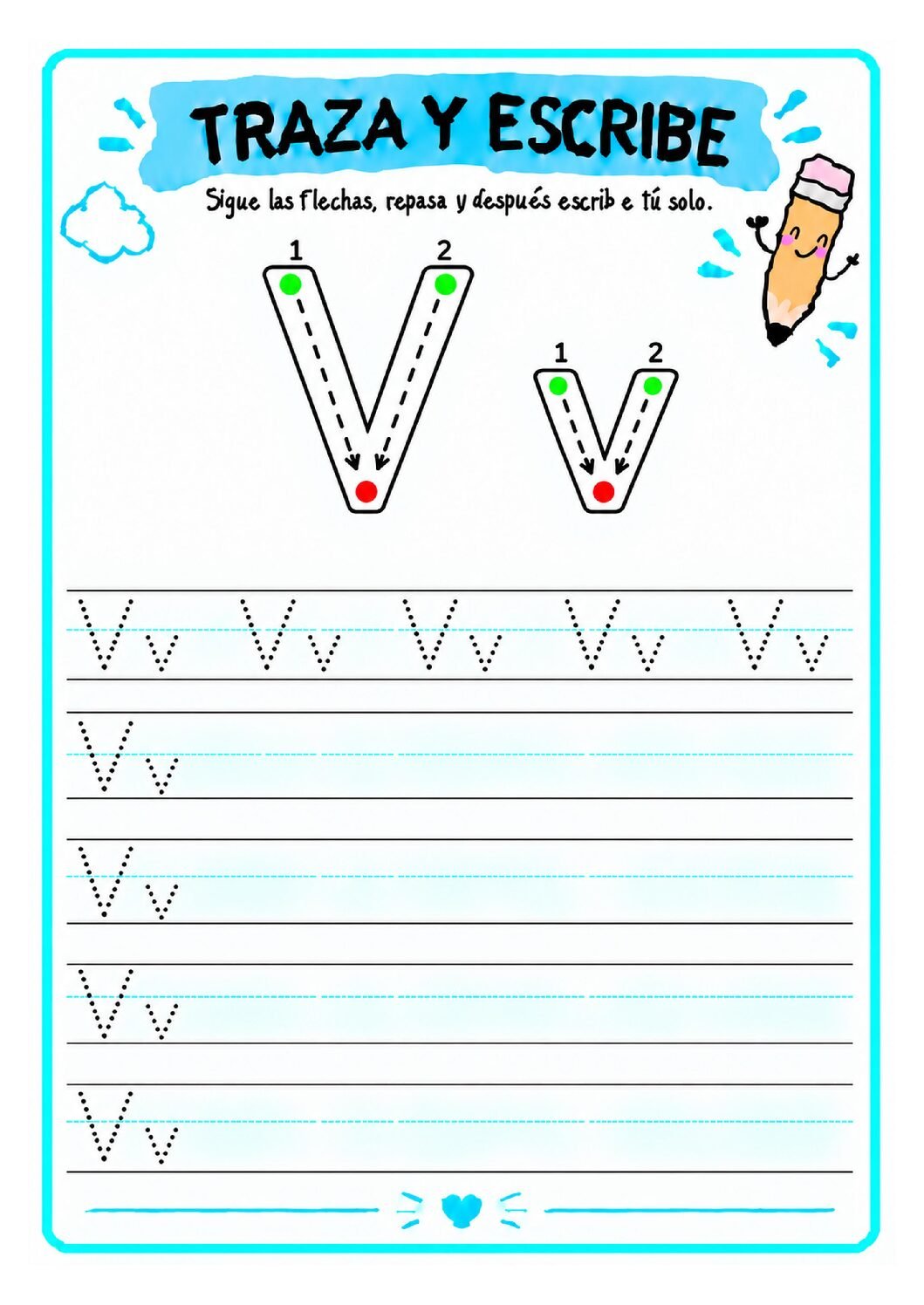 Letra V imprenta para imprimir gratis: práctica de trazos con vaca