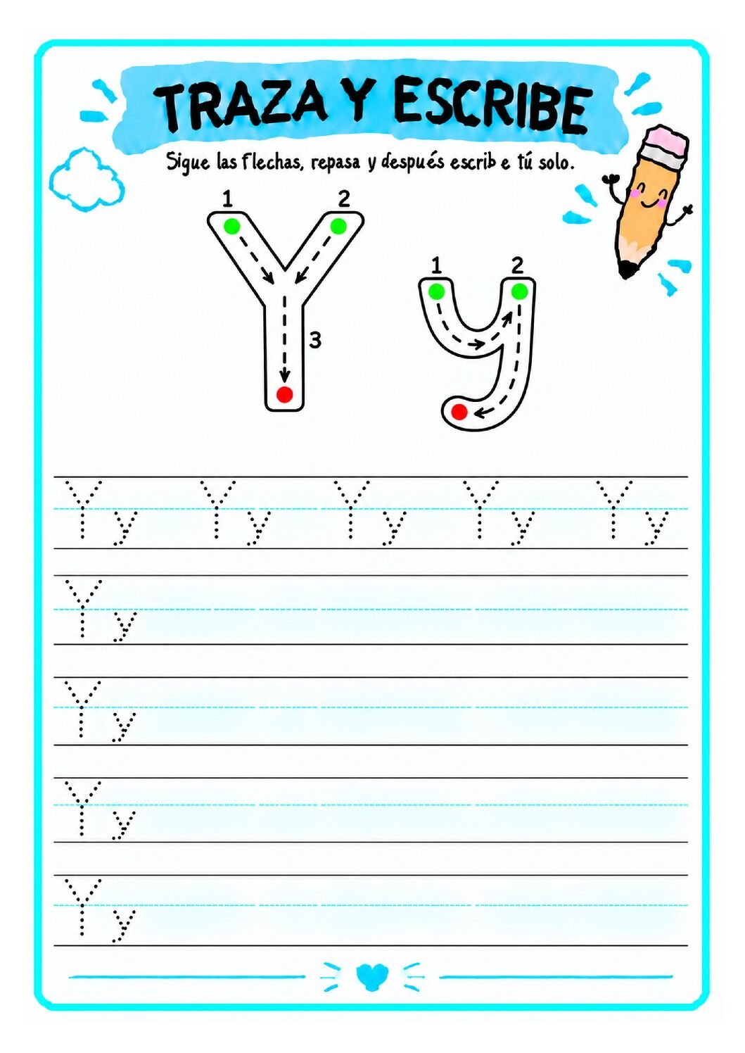 Letra Y imprenta para imprimir gratis: practica el trazo con yoyo