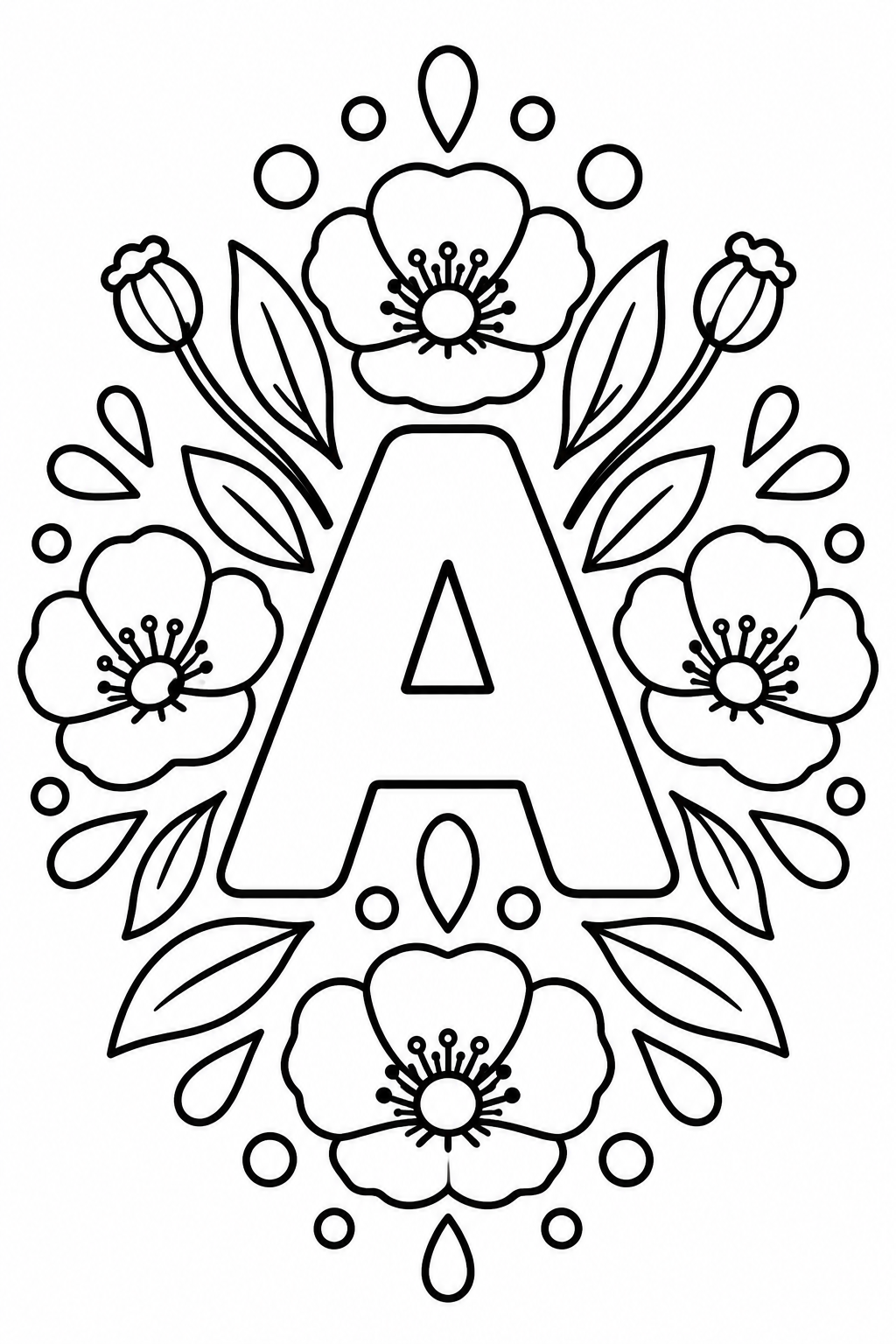 Mandala de la letra A para colorear: amapola y formas decorativas