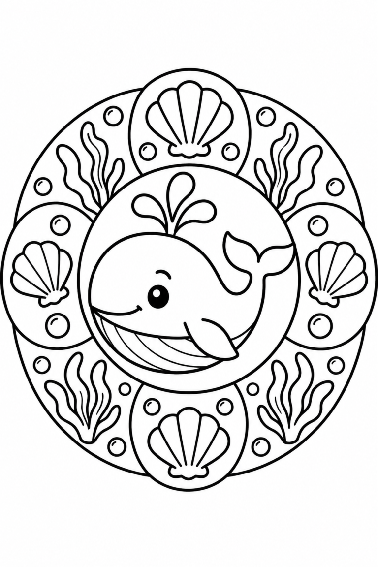 Mandala de ballena para niños: lámina para imprimir y colorear