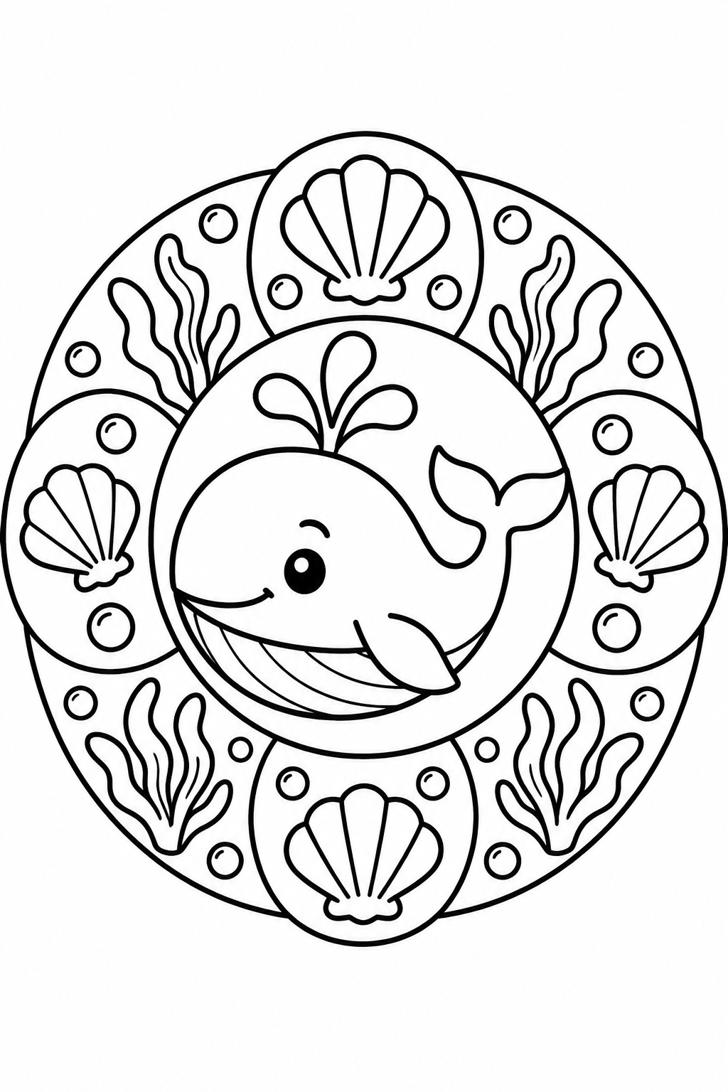 Mandala infantil para colorear con una ballena central y detalles marinos como burbujas, algas y conchas.