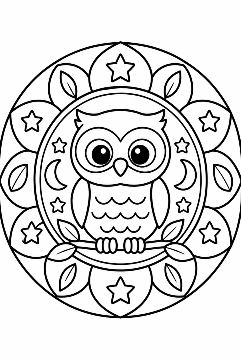 Búho para colorear para niños: mandala imprimible con detalles de hojas y estrellas
