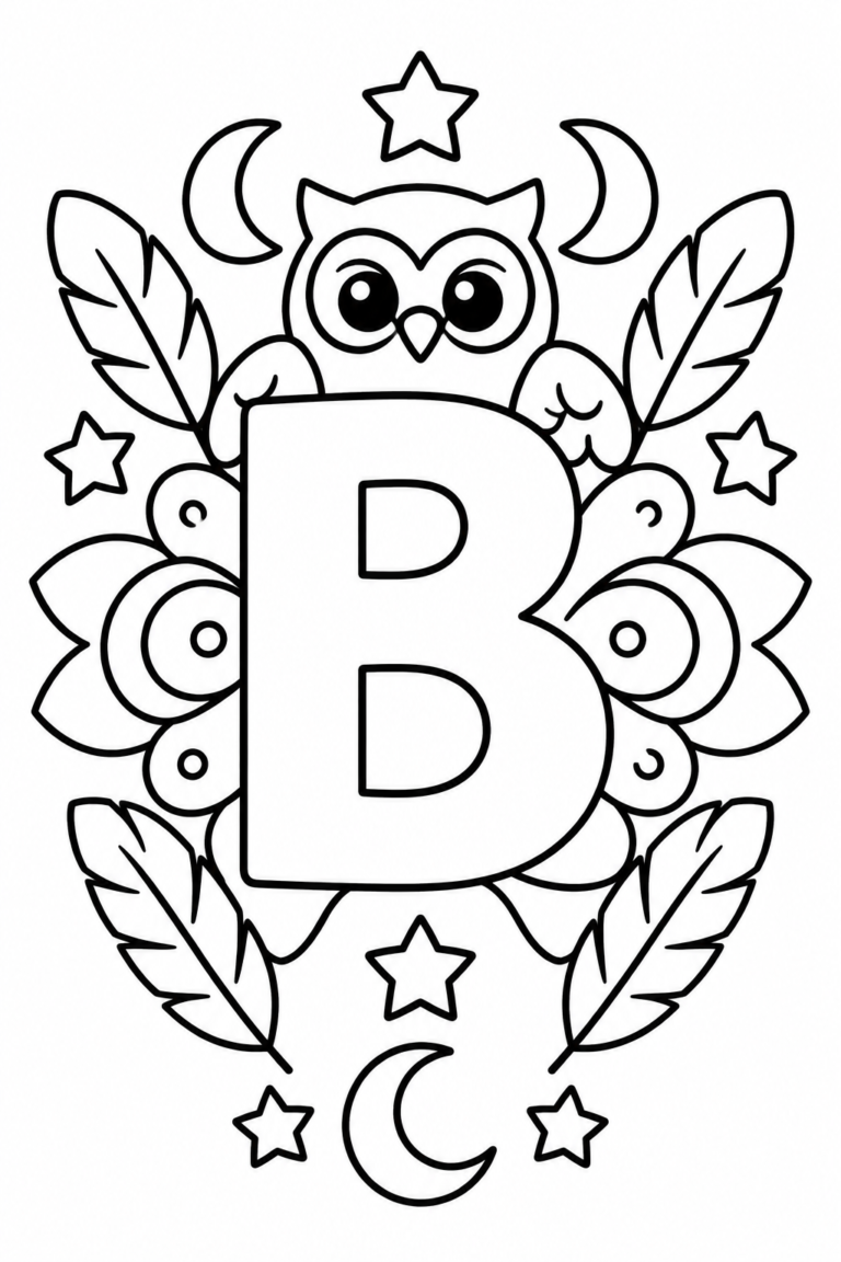 Mandala de la letra B para colorear: búho y detalles para niños