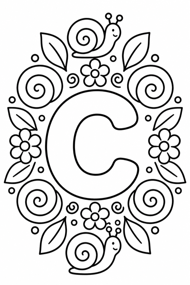 Mandala de la letra C para colorear: caracol y motivos naturales
