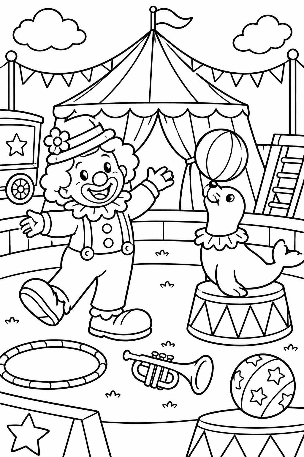 Lámina infantil del circo para colorear y buscar una pelota, un sombrero, una estrella, un aro y una trompeta.