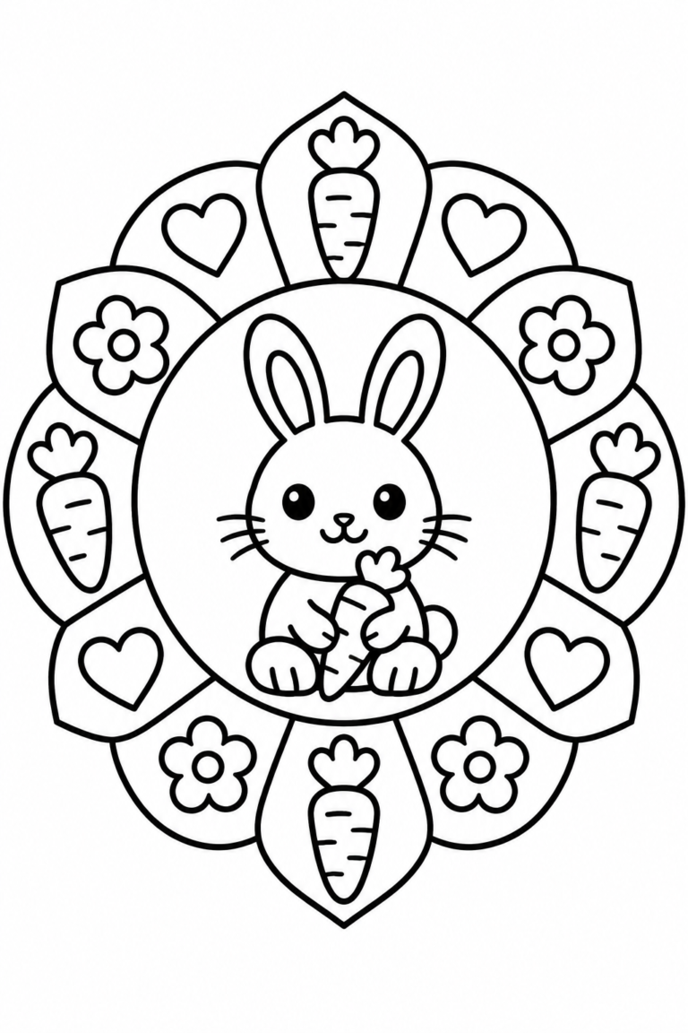 Conejo para colorear para niños: mandala imprimible con flores