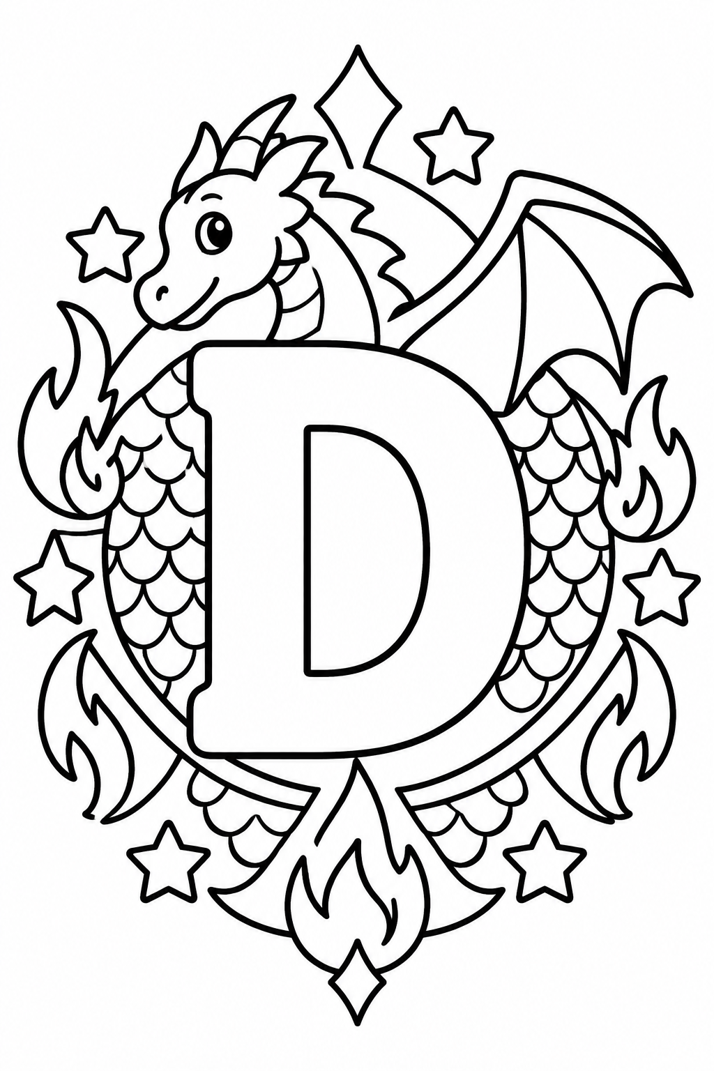 Mandala de la letra D para colorear: dragón y detalles fantásticos