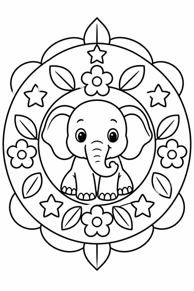 Elefante para colorear para niños: mandala imprimible con detalles para pintar