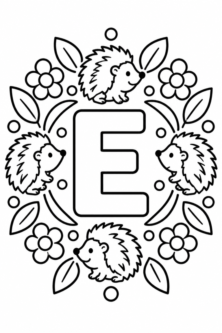 Mandala de la letra E para colorear: diseño infantil con erizo
