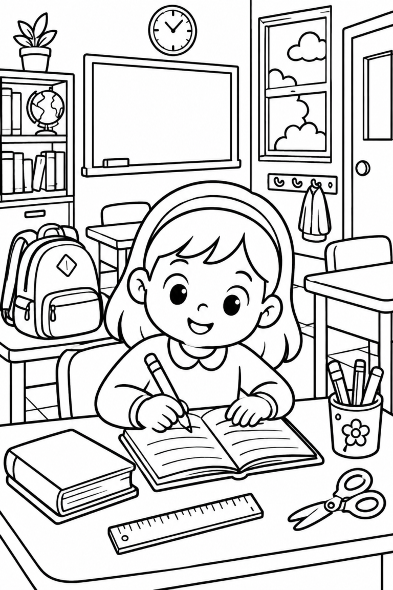 Pinta y busca objetos escolares: lámina para imprimir