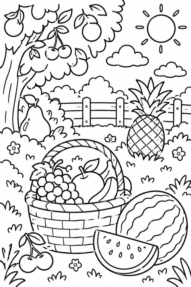 Pinta y busca frutas para niños: lámina para imprimir
