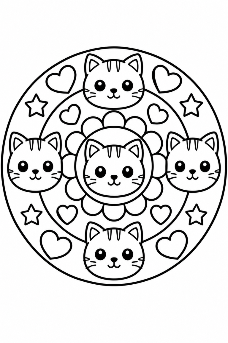 Gatos para colorear para niños: mandala imprimible con corazones y estrellas