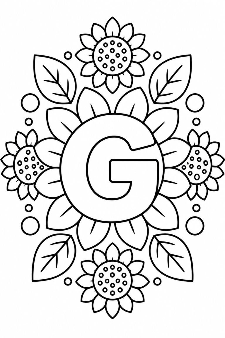 Mandala de la letra G para colorear: girasoles y formas para imprimir