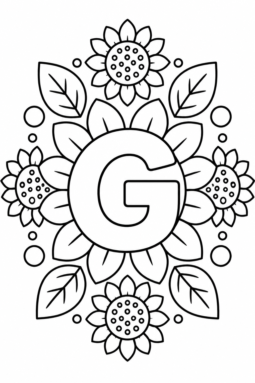 Mandala de la letra G para colorear: girasoles y formas para imprimir