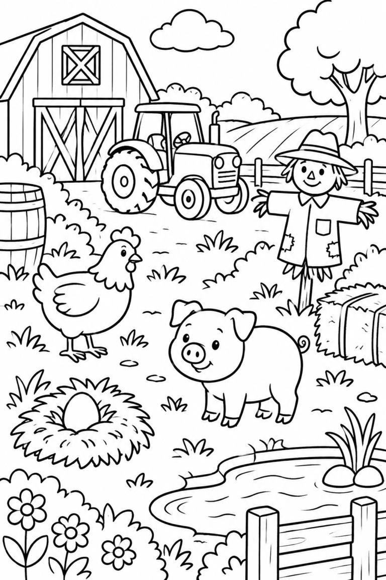 Granja para imprimir: pinta y busca animales y objetos del campo