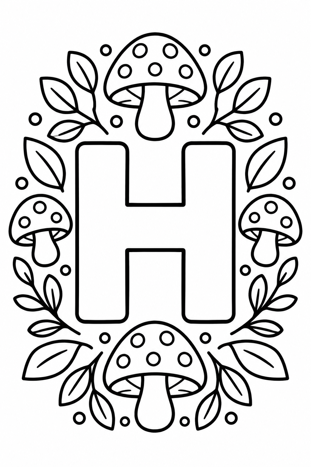 Mandala de la letra H para colorear: hongos y motivos del bosque