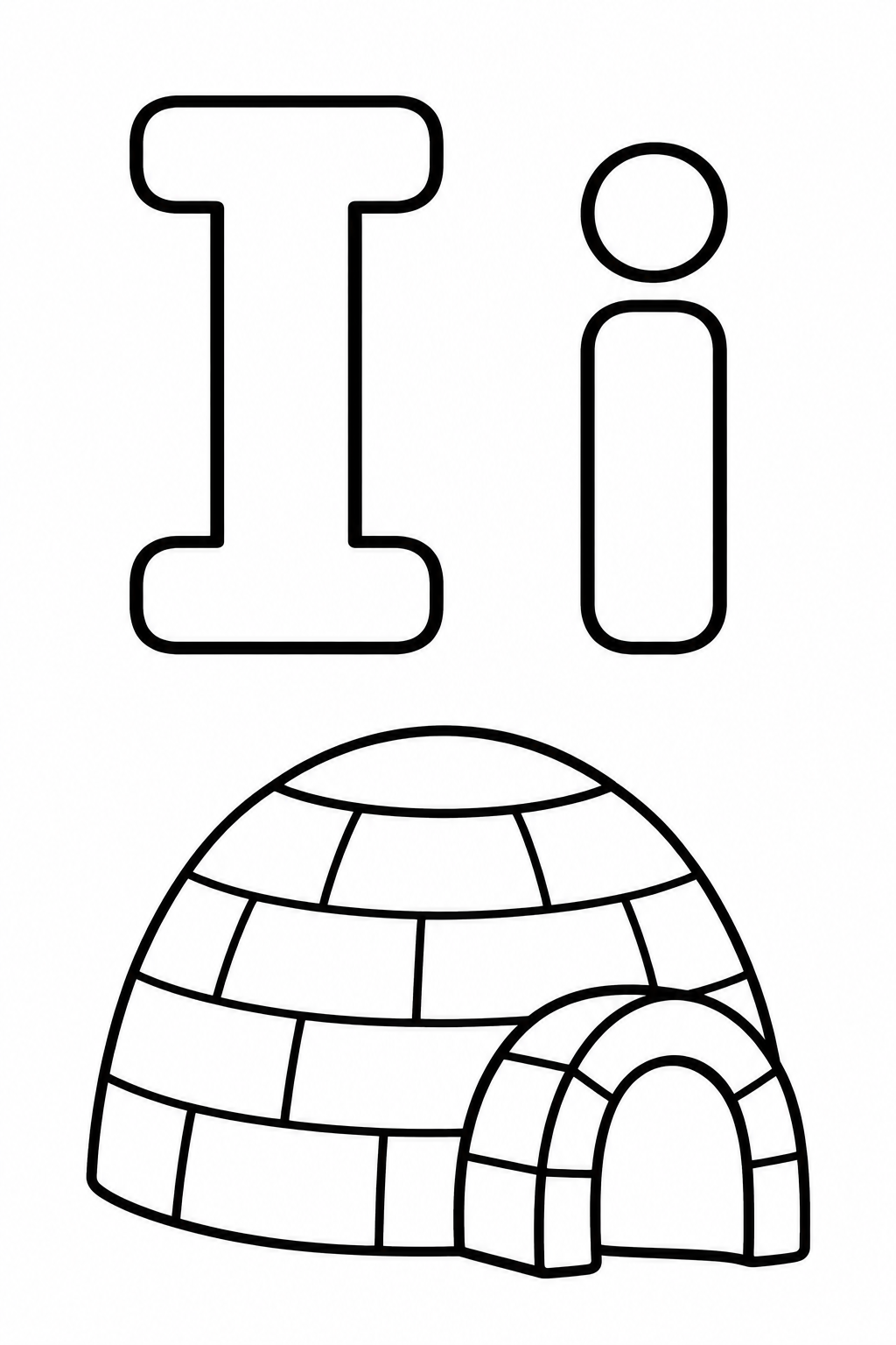 Letra I mayúscula y letra i minúscula para colorear junto a un iglú.