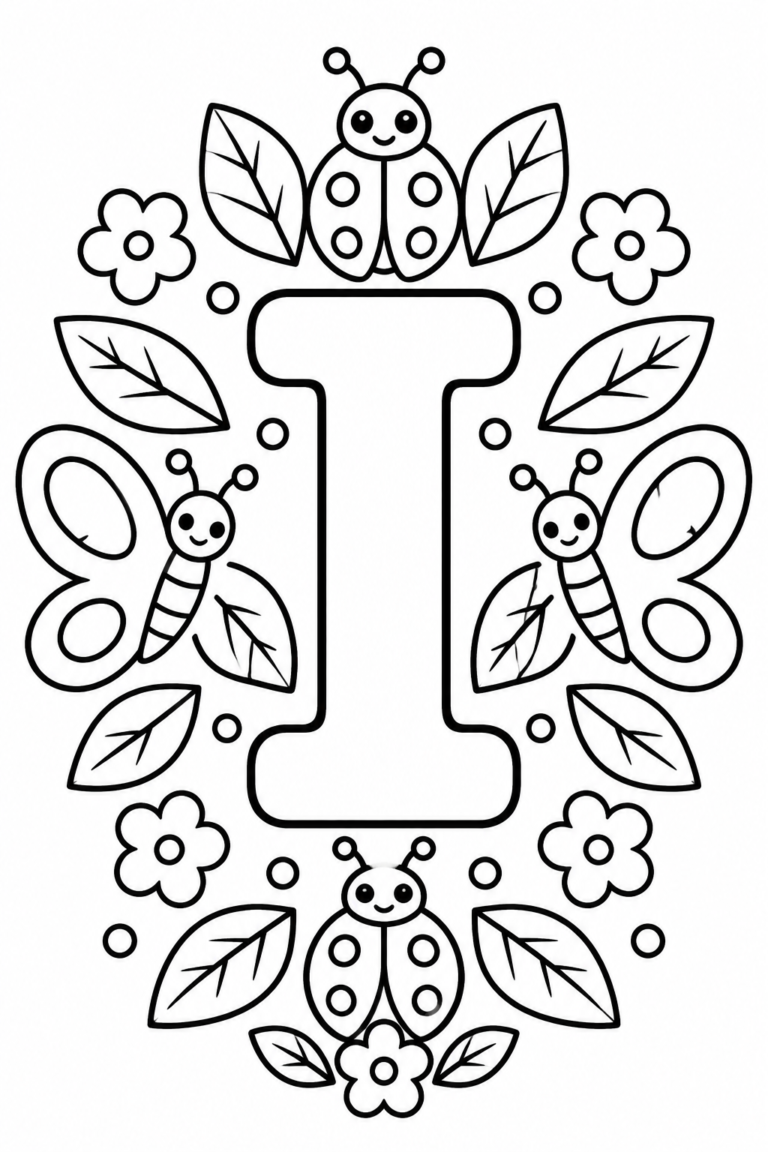 Mandala de la letra I para colorear: insecto y motivos de naturaleza