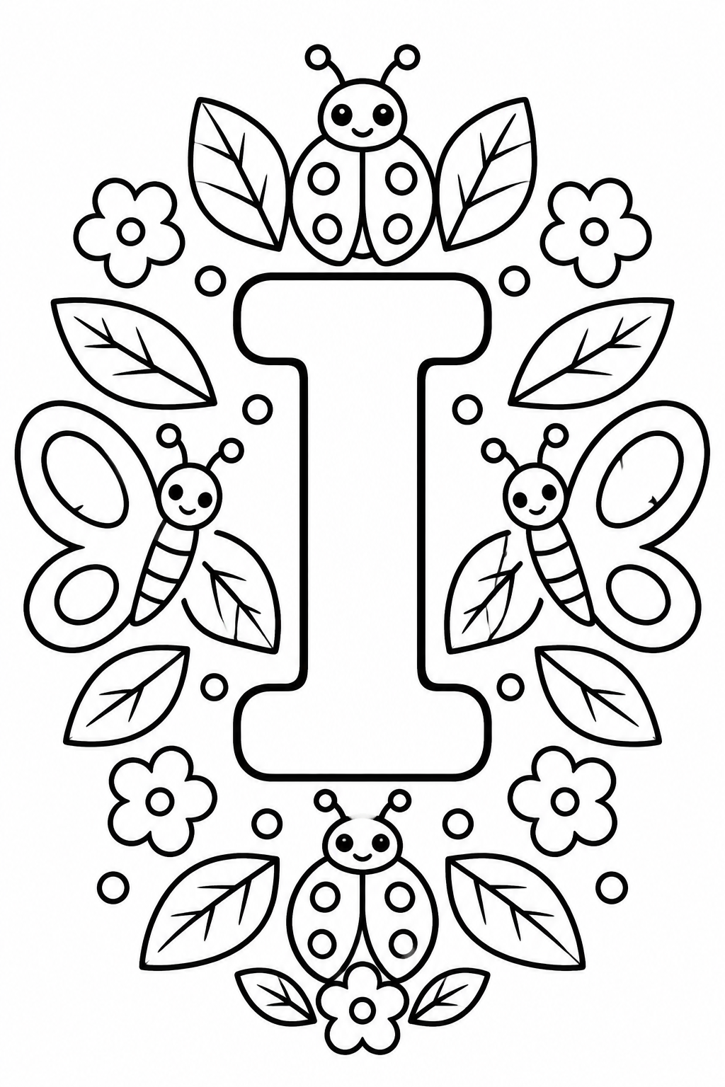 Mandala de la letra I para colorear: insecto y motivos de naturaleza