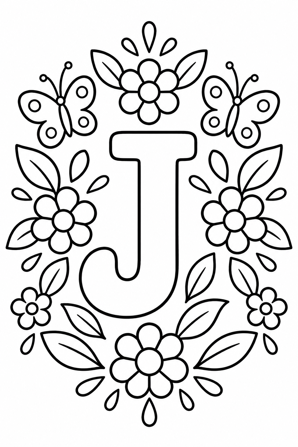Mandala de la letra J para colorear: jardín y patrones para niños