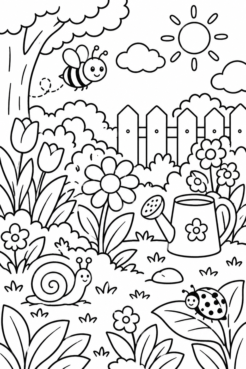 Lámina infantil de un jardín con una abeja, una regadera, un caracol, una mariquita y una flor para buscar y colorear.