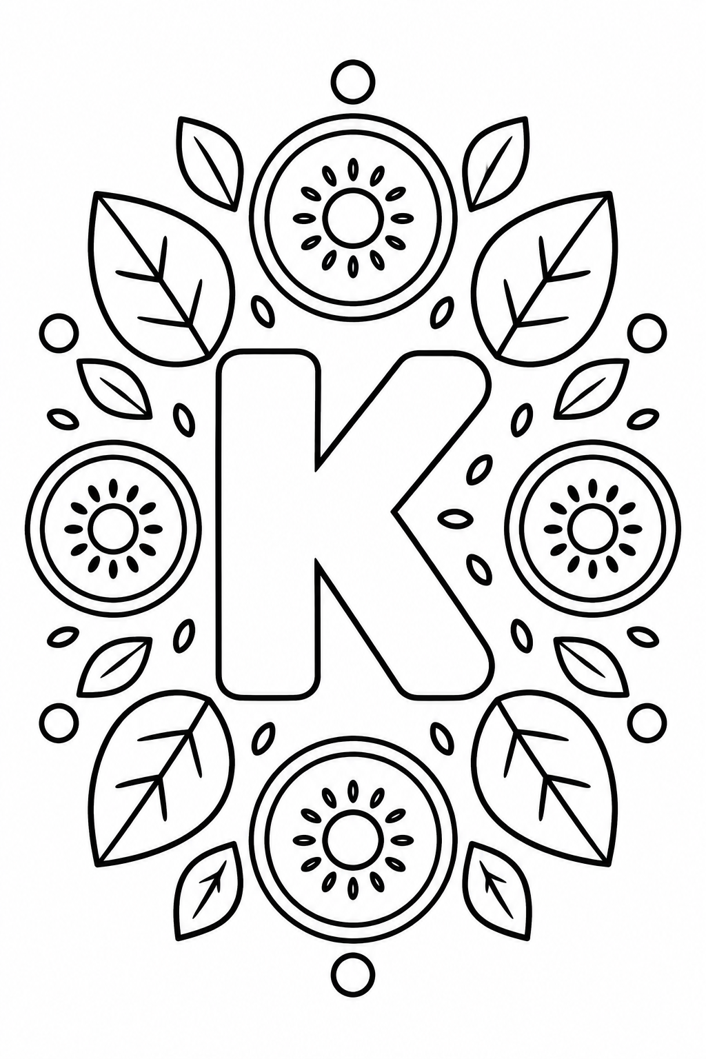 Mandala de la letra K para colorear: lámina infantil de kiwi