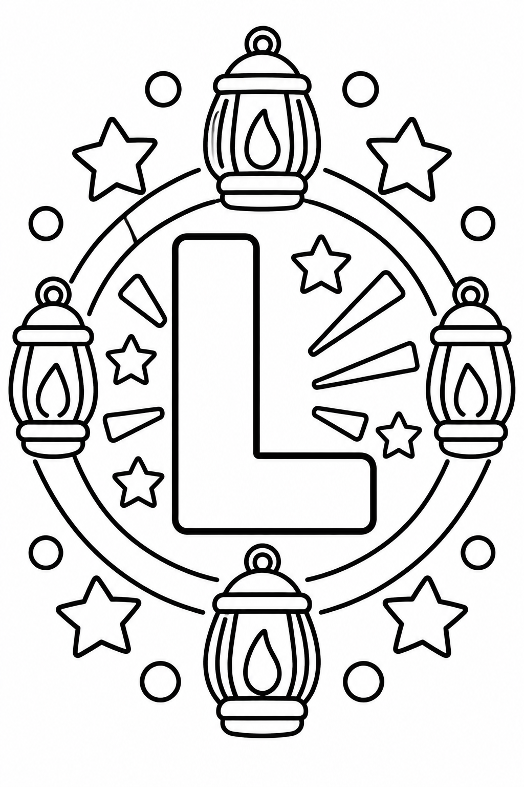 Mandala de la letra L para colorear: linterna y formas brillantes