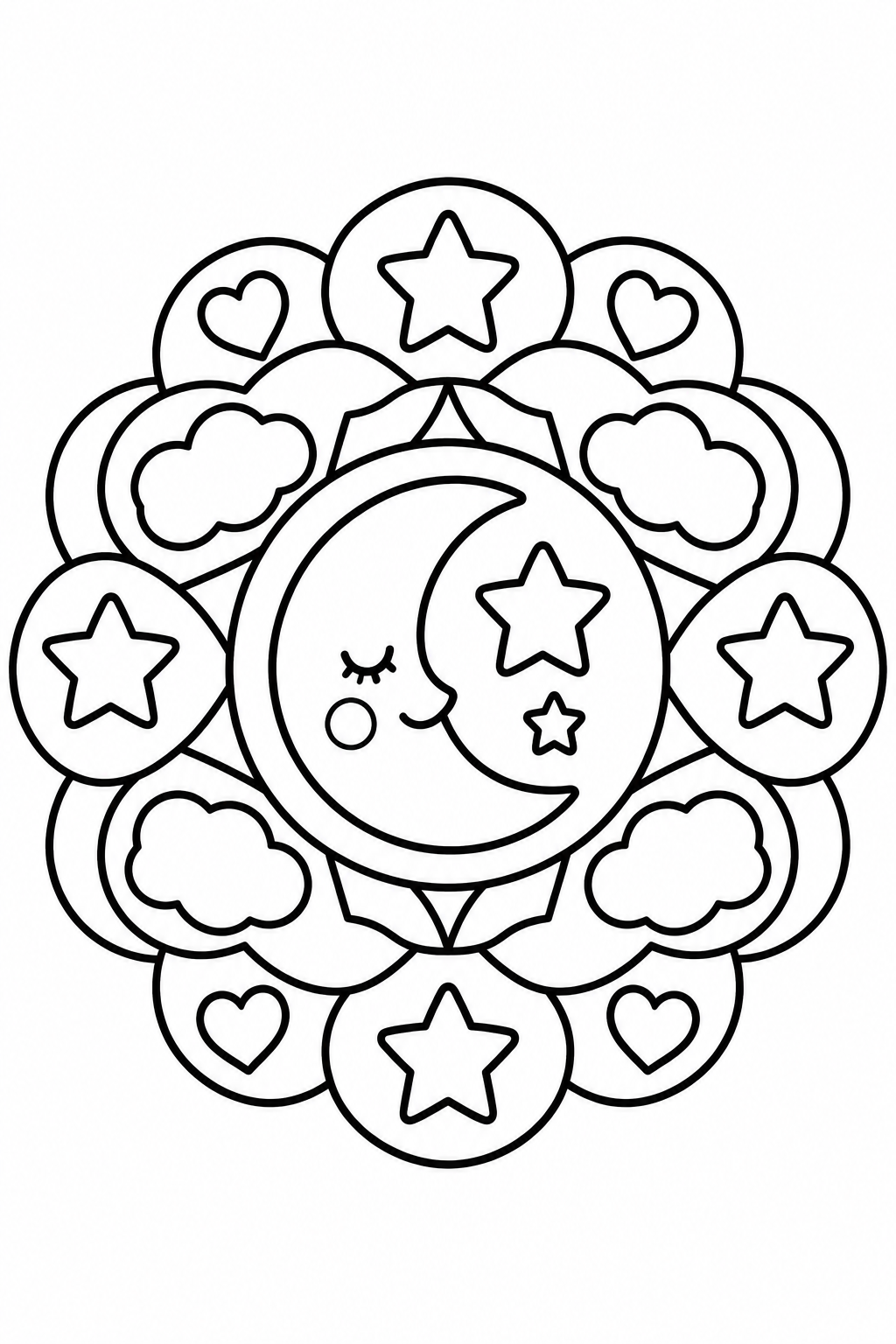 Mandala infantil para colorear con una luna central y pequeños adornos decorativos.