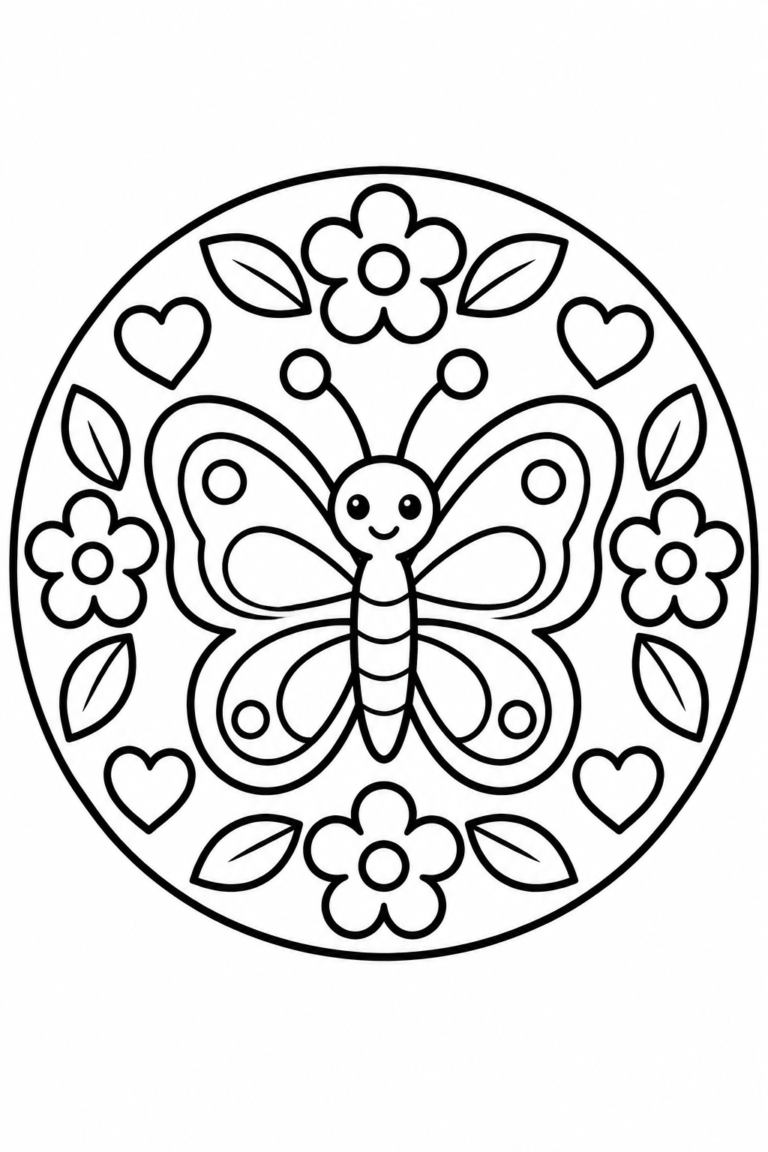 Mariposa para colorear para niños: mandala imprimible con flores
