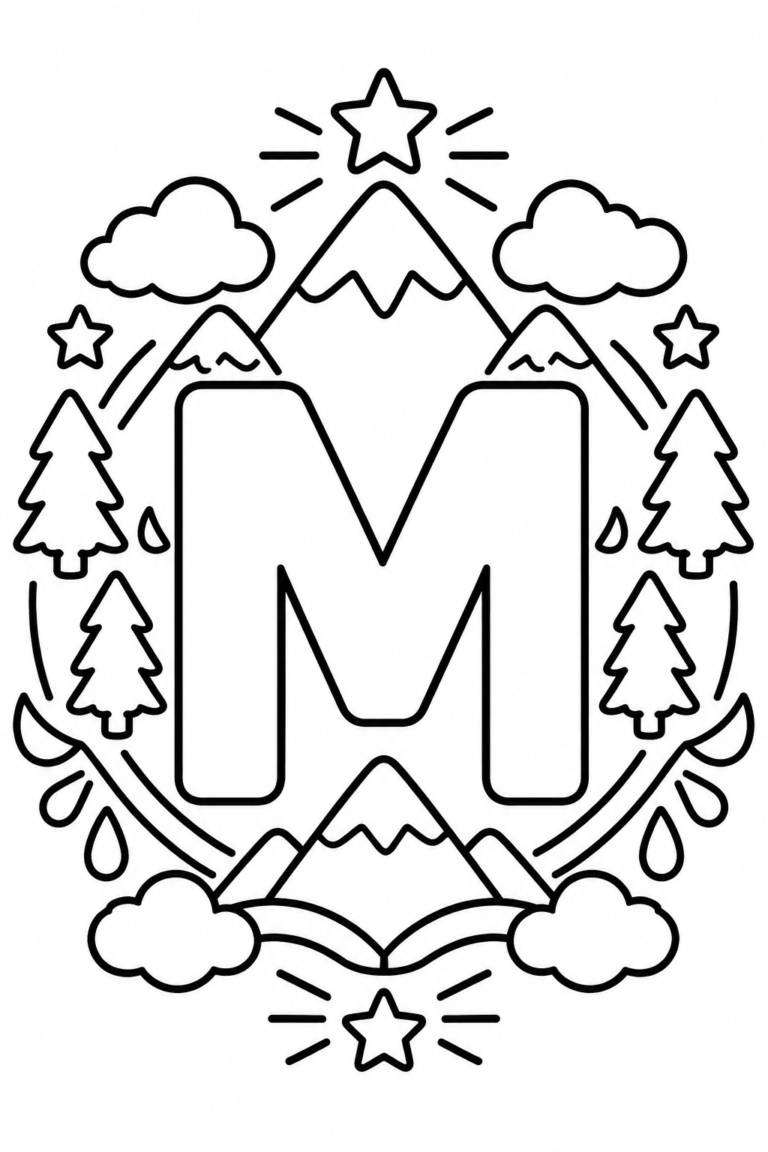 Mandala de la letra M para colorear: paisaje infantil para imprimir