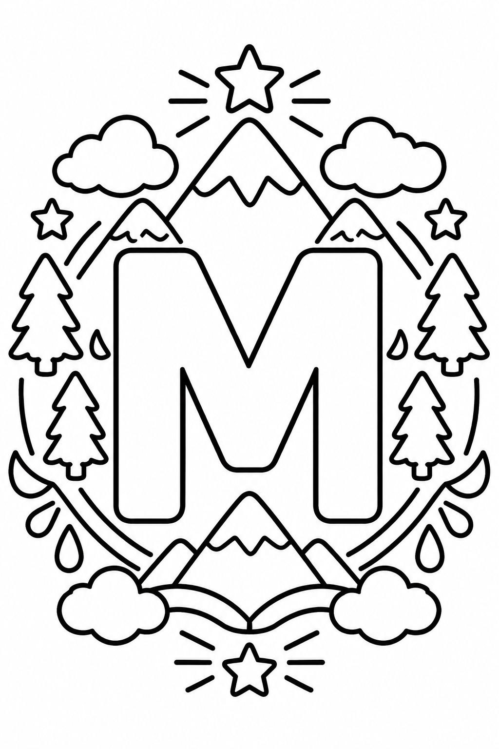 Mandala de la letra M para colorear: paisaje infantil para imprimir