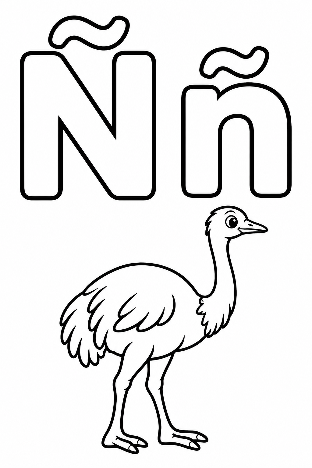 Letra Ñ para colorear: mayúscula, minúscula y un ñandú