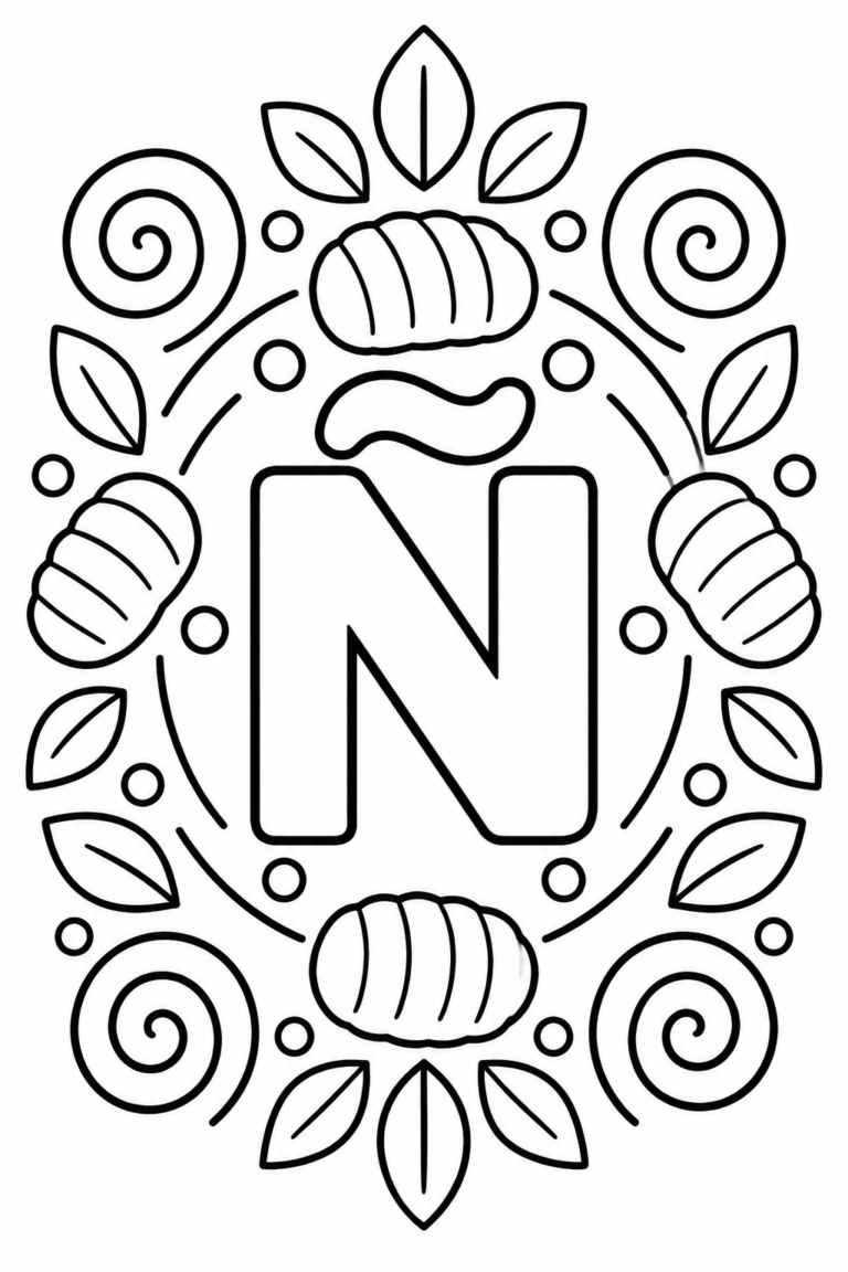 Mandala de la letra Ñ para colorear: lámina infantil imprimible