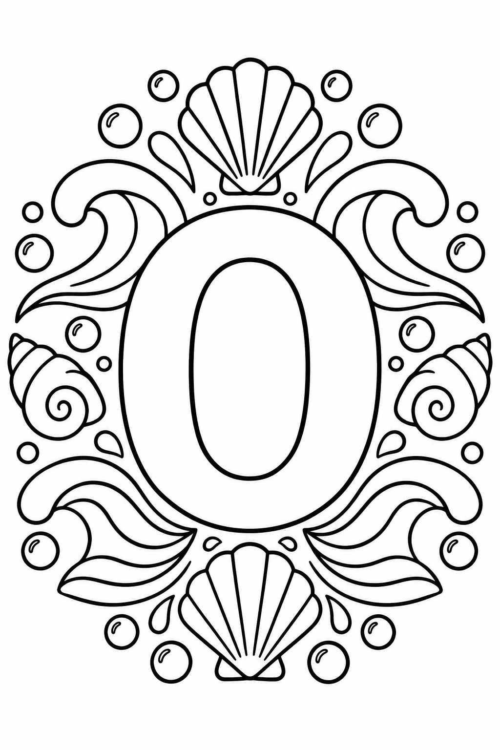 Mandala de la letra O para colorear: dibujo imprimible del océano