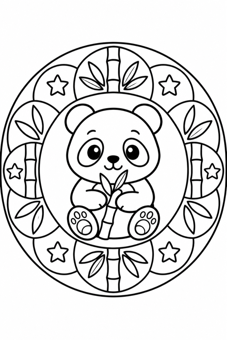 Panda para colorear para niños: mandala imprimible con bambú y estrellas