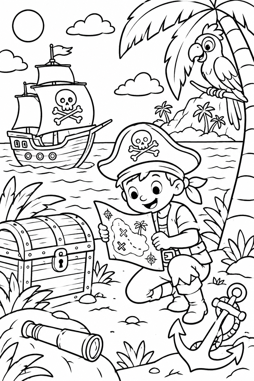 Lámina infantil de piratas para buscar un cofre, un mapa, un loro, un ancla y un catalejo, y colorear.