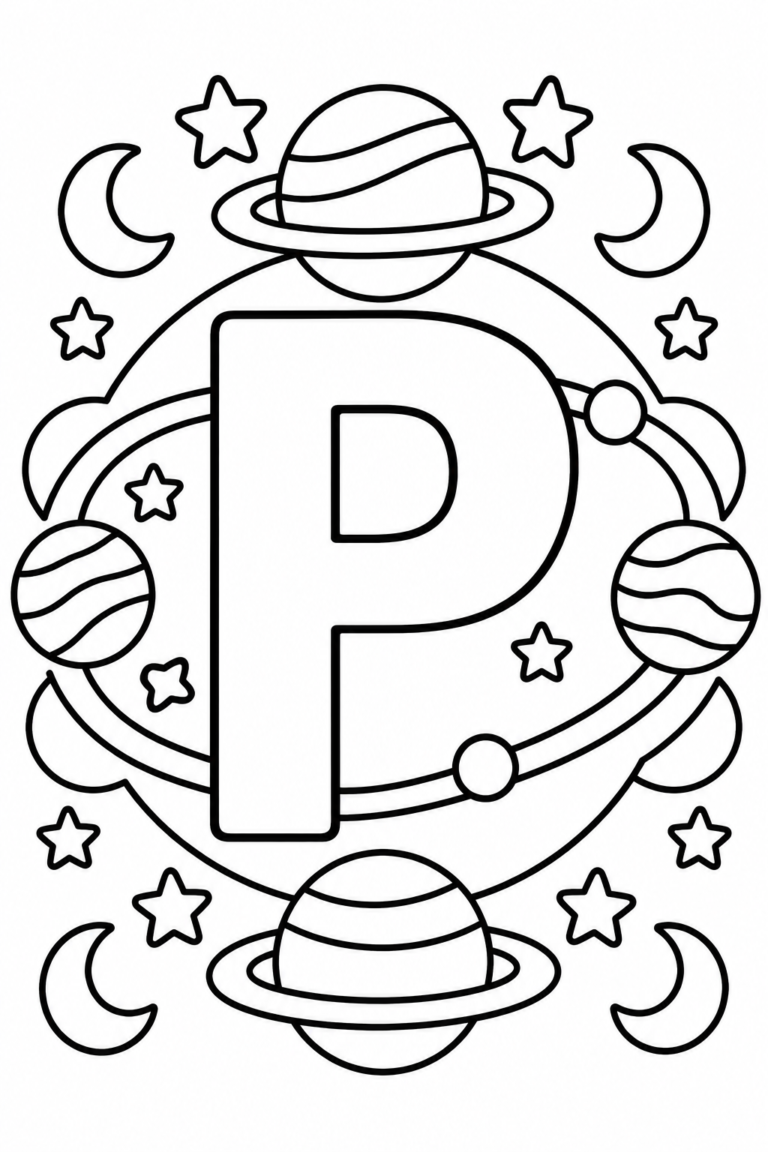 Mandala de la letra P para colorear: diseño espacial para niños
