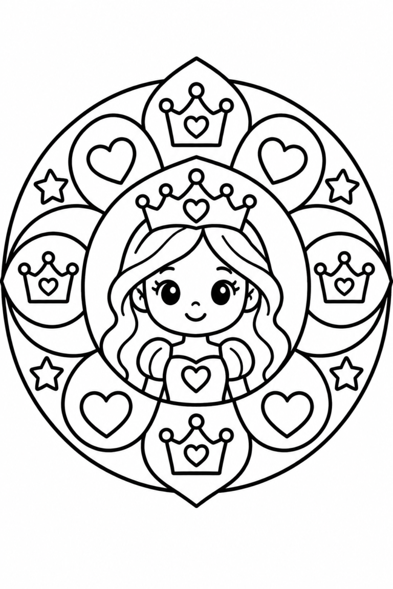 Princesa para colorear para niños: mandala imprimible con detalles delicados